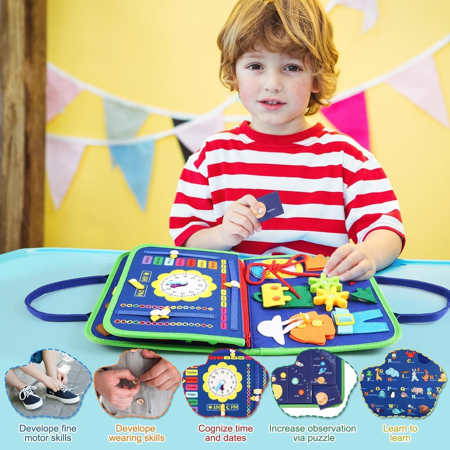 Busy Board Montessori Toy for Kids, Educational Learning Activity Sensory Board, Developing Sensory Toy for Fine Motor Skills, Travel Toy for Plane Car, Gift for Boys Girls