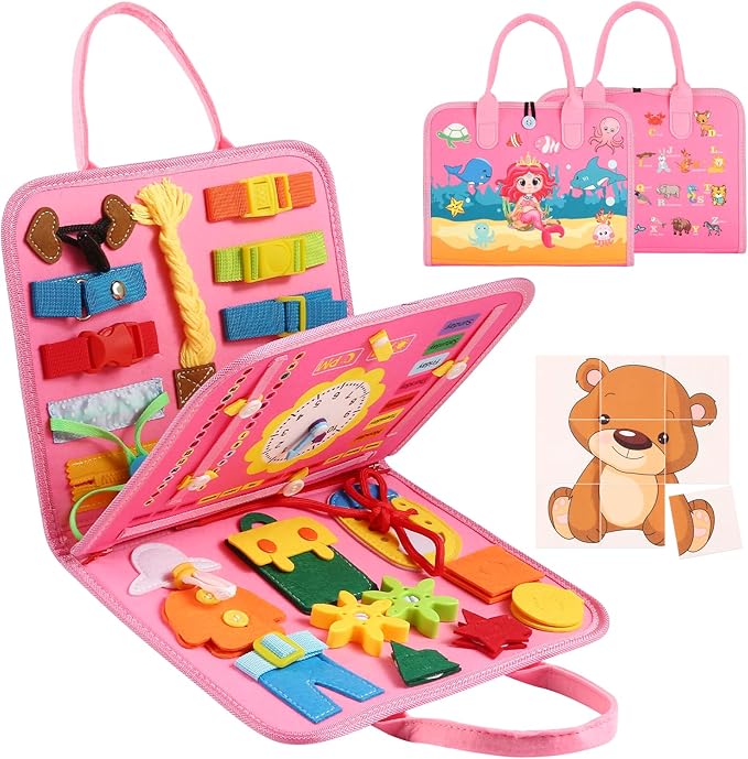 Busy Board Montessori Toy for Kids, Educational Learning Activity Sensory Board, Developing Sensory Toy for Fine Motor Skills, Travel Toy for Plane Car, Gift for Boys Girls